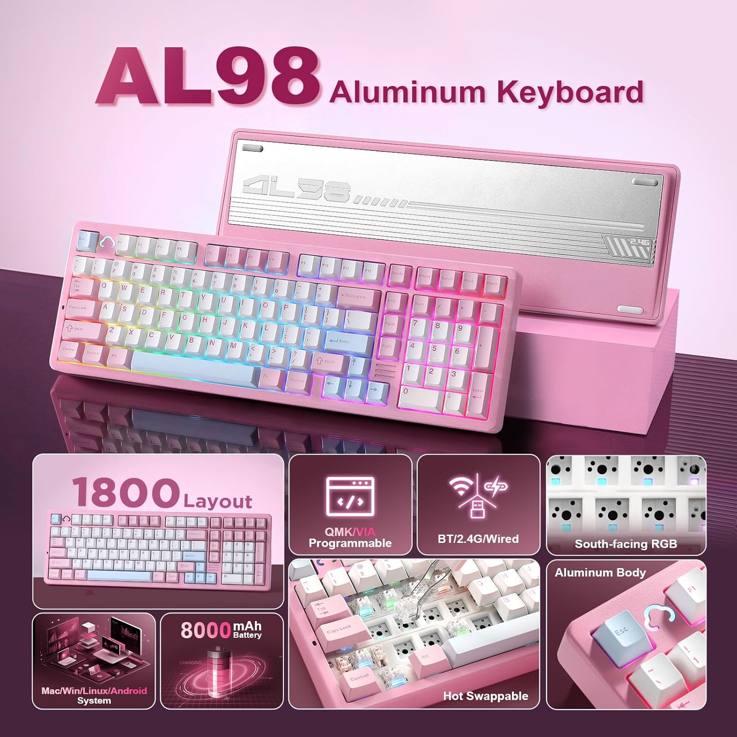 Thumbnail 1 de YUNZII AL98 QMK/VIA Kabellose Mechanische Gaming-Tastatur – 1800-Layout, Aluminium, Hot-Swap, RGB, Rosa (Milk V2 Linear)