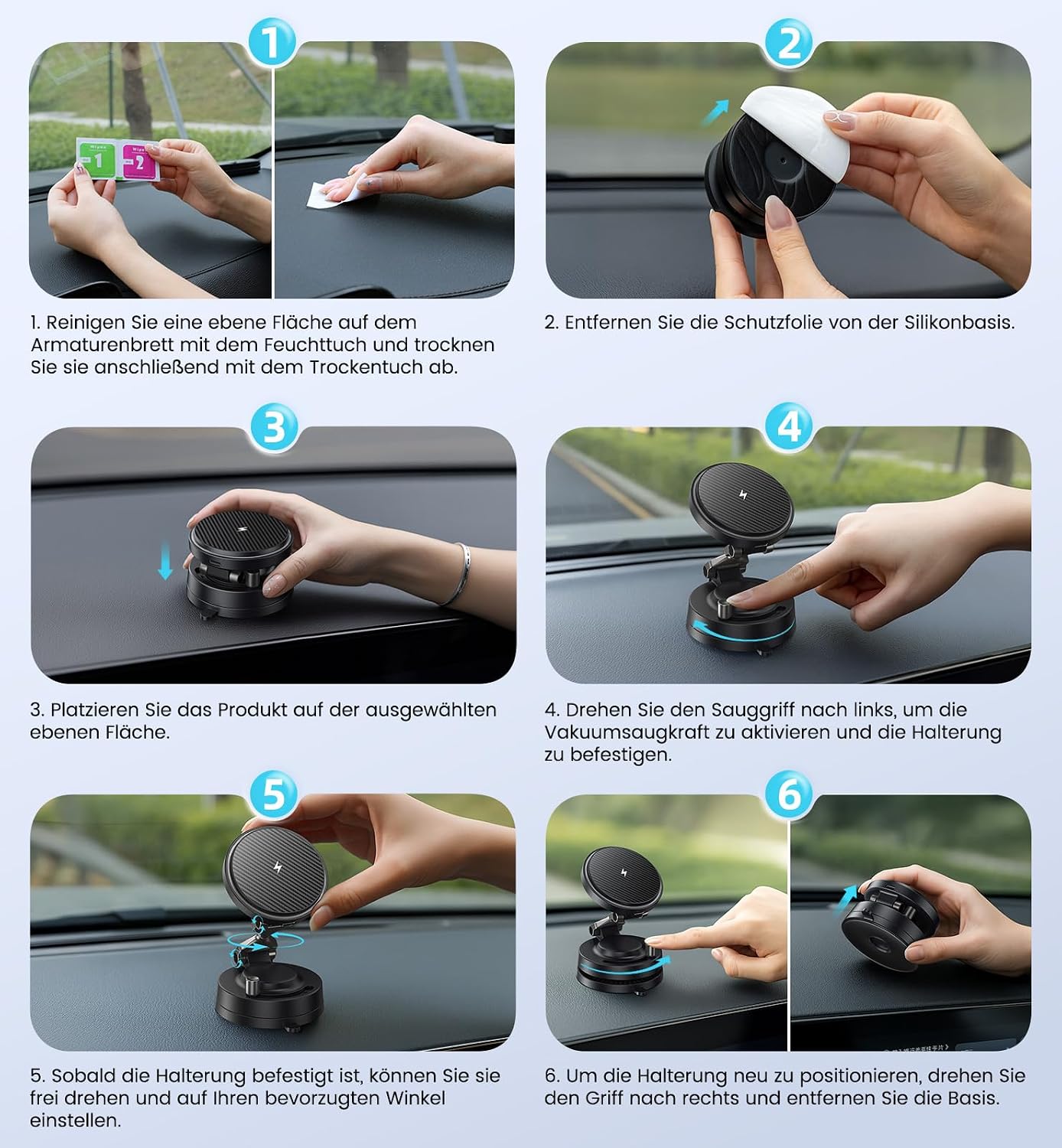 Detalle de OANDYS MagSafe Car Mount Charger 15W – Fast Wireless, 360° Spin, Strong Vacuum & Magnetic Hold