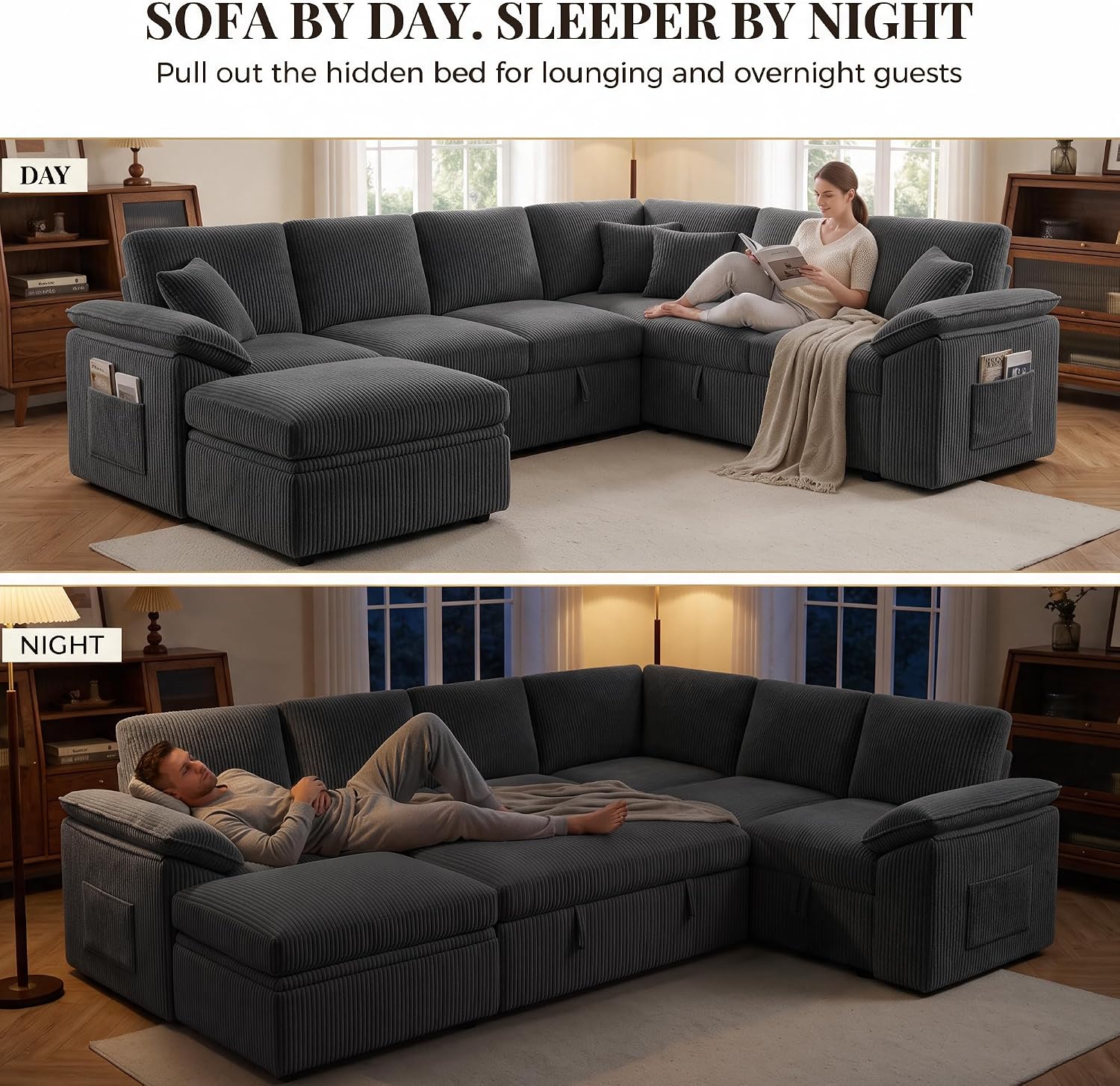 Thumbnail 2 de Dravonlab BTJ-Sleeper-Sofa Modular Sectional Sleeper Sofa, Dark Grey Corduroy