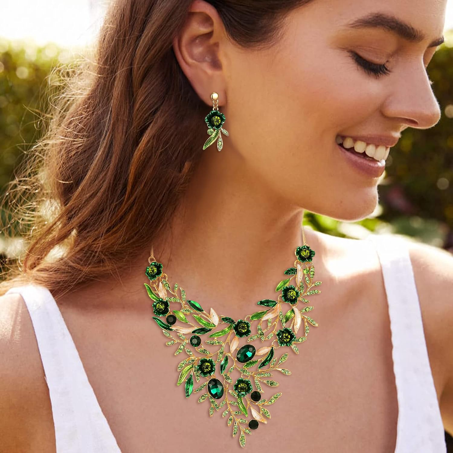Thumbnail 1 de Clearine Parure de Bijoux Mariage Émail Cristal Fleur Longues Feuilles – Collier et Boucles d'Oreilles