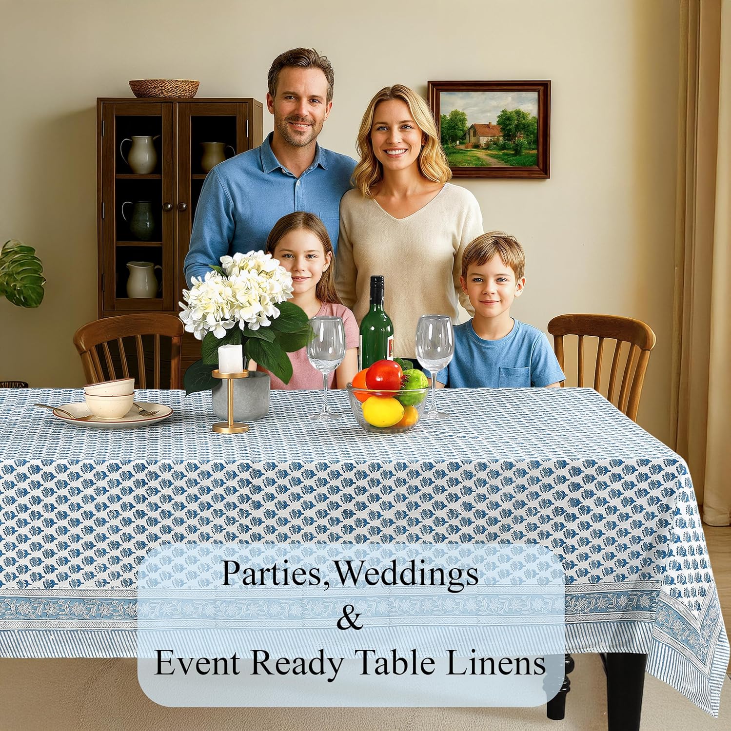 Thumbnail 2 de CPC Tablecloth 100% Cotton 70x108 Inch Indian Block Print Blue Tablecloth
