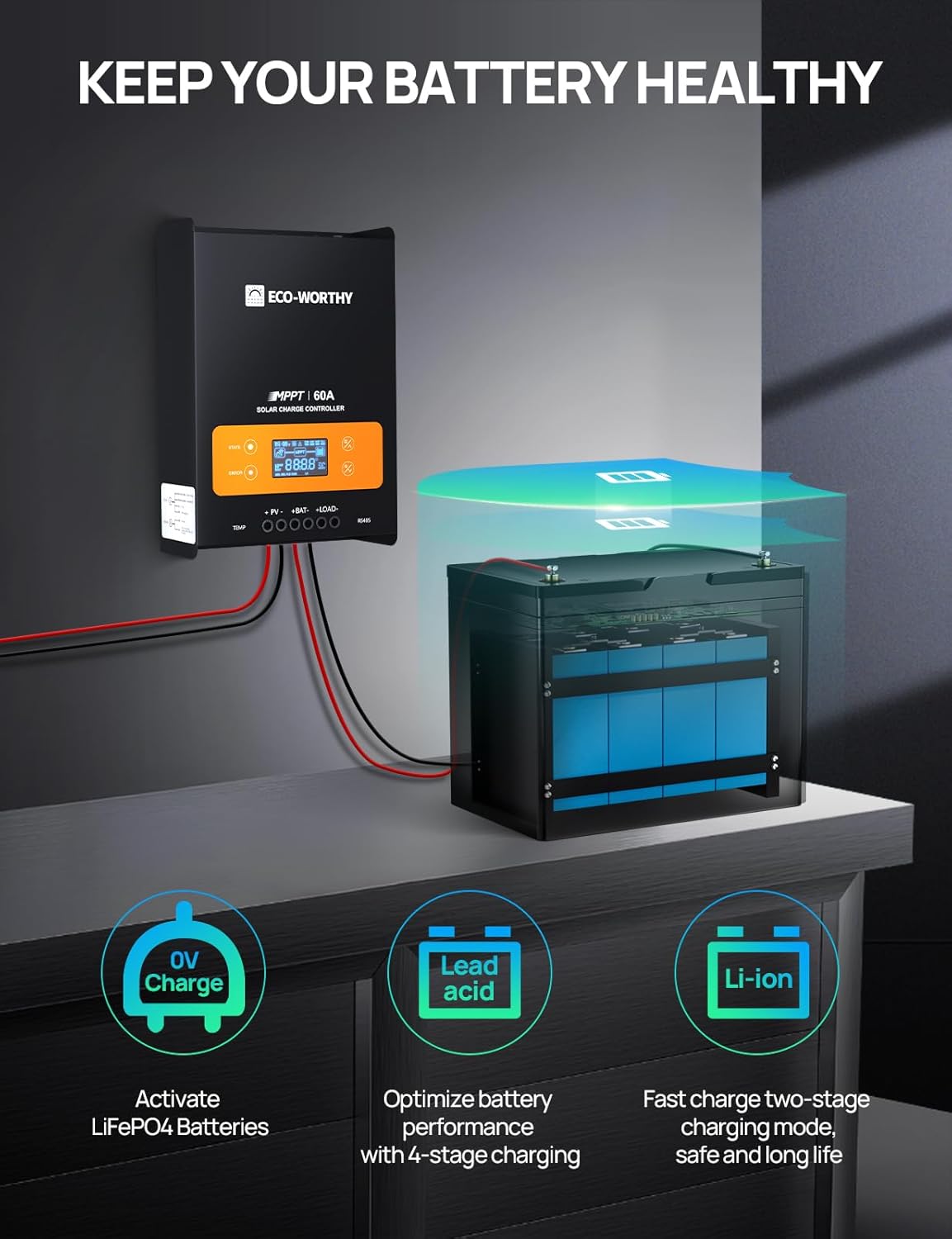 Detalle de ECO-WORTHY 60A MPPT Solar Charge Controller with Bluetooth & WiFi (150V PV, 12/24/36/48V)