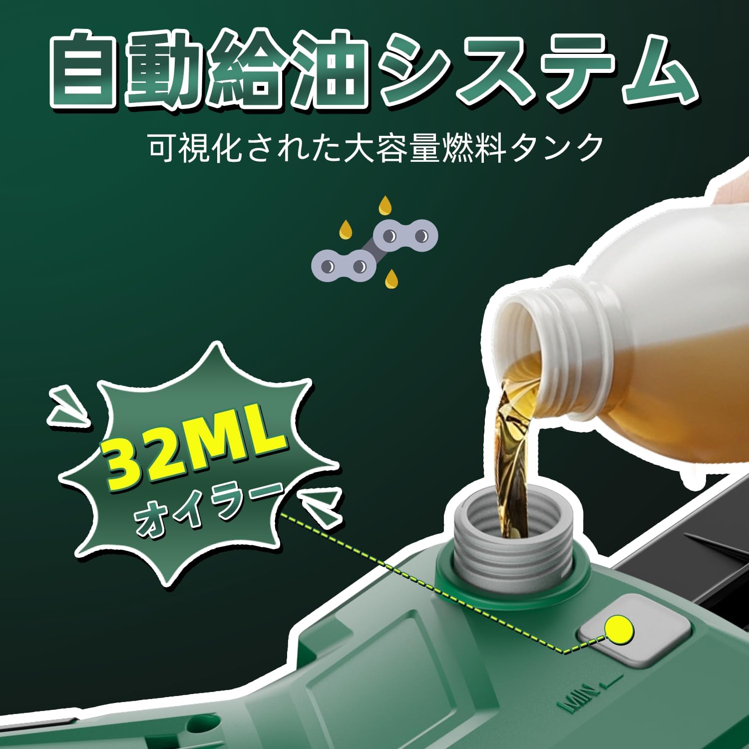Detalle de KIMO 充電式チェーンソー 8インチ・ブラシレスモーター・4.0Ahバッテリー・自動給油
