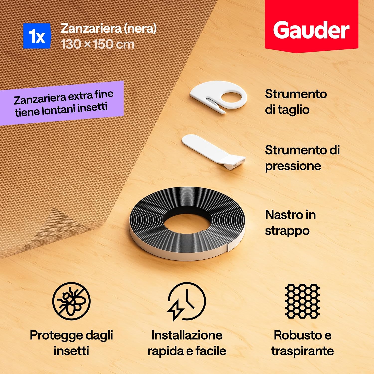 Detalle de GAUDER Zanzariera per Finestra - Rete anti-insetti autoadesiva 130 x 150 cm, nero, chiusura a strappo