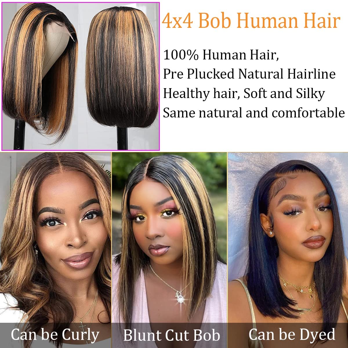 Thumbnail 4 de Colorful Bird Highlight Ombre Lace Front Bob Wig (12 Inch) – 4x4 HD Lace Closure, 150% Density, Brazilian Human Hair
