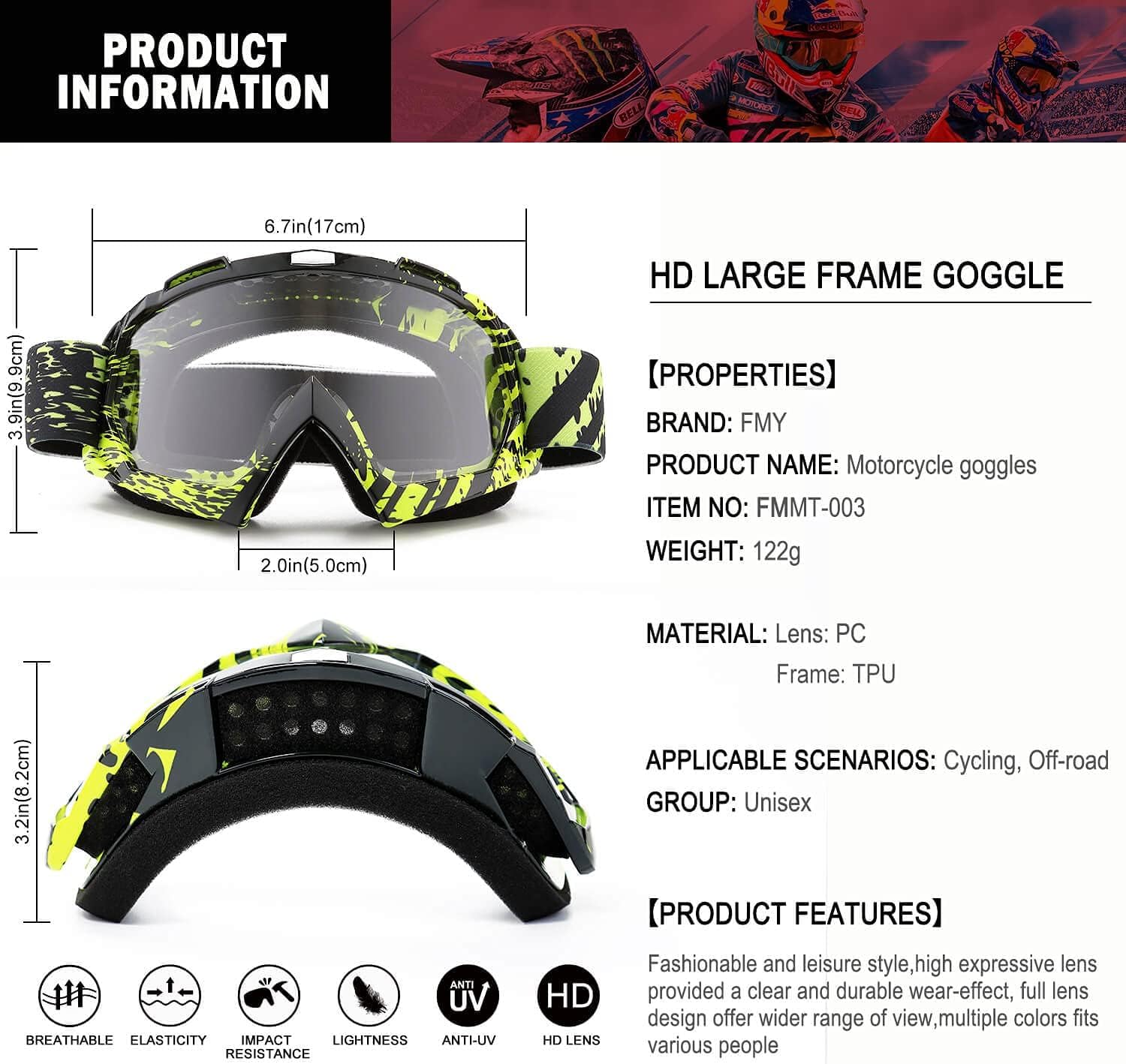 Thumbnail 2 de FMY Motorcycle Motocross Goggles for Men, Women and Youth
