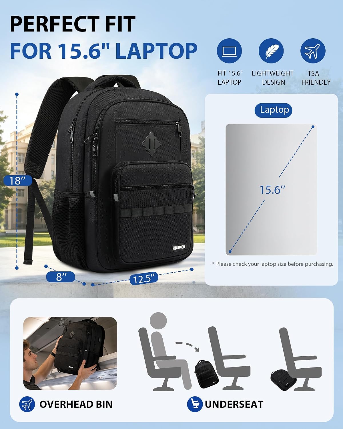 Detalle de FIBLUNOM 15.6-Inch Laptop Backpack with Reinforced Straps and 7 Zippered Pockets