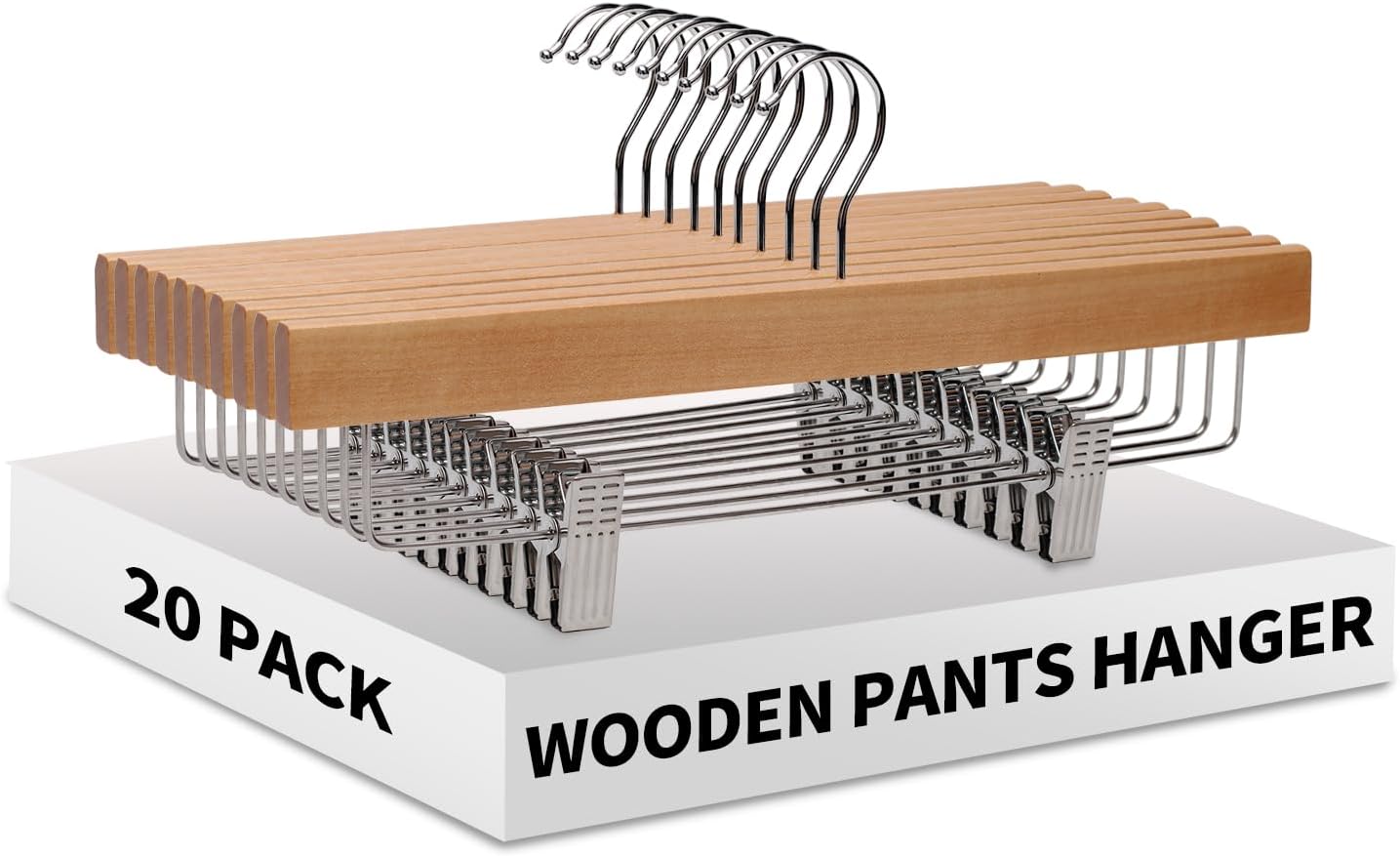Detalle de LANSHINE 35,5 cm Hosenbügel aus Naturholz – 20er-Pack mit verstellbaren Anti-Rutsch-Clips
