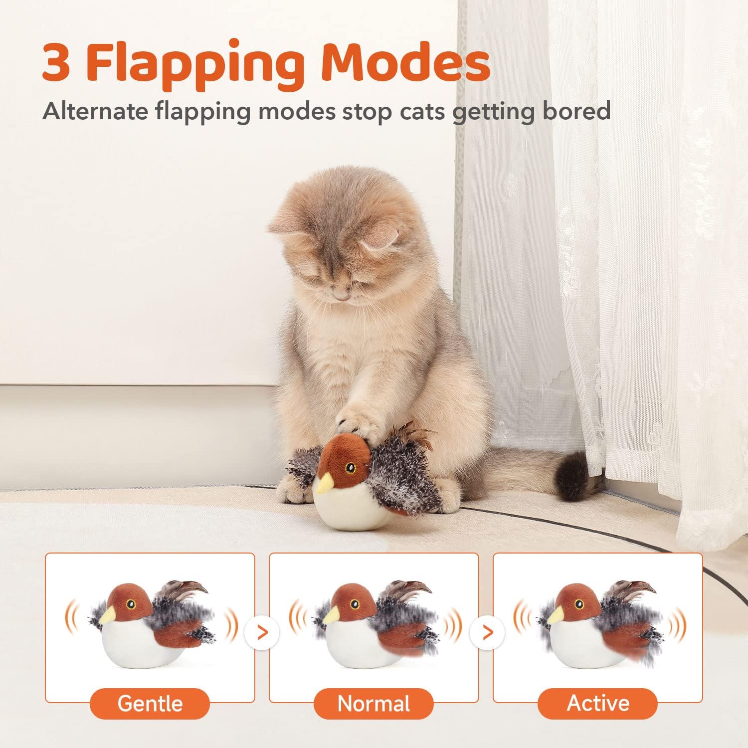Detalle de Potaroma Rechargeable Flapping Bird Sparrow Cat Toy (Touch Activated, Lifelike Chirp) – 10 cm