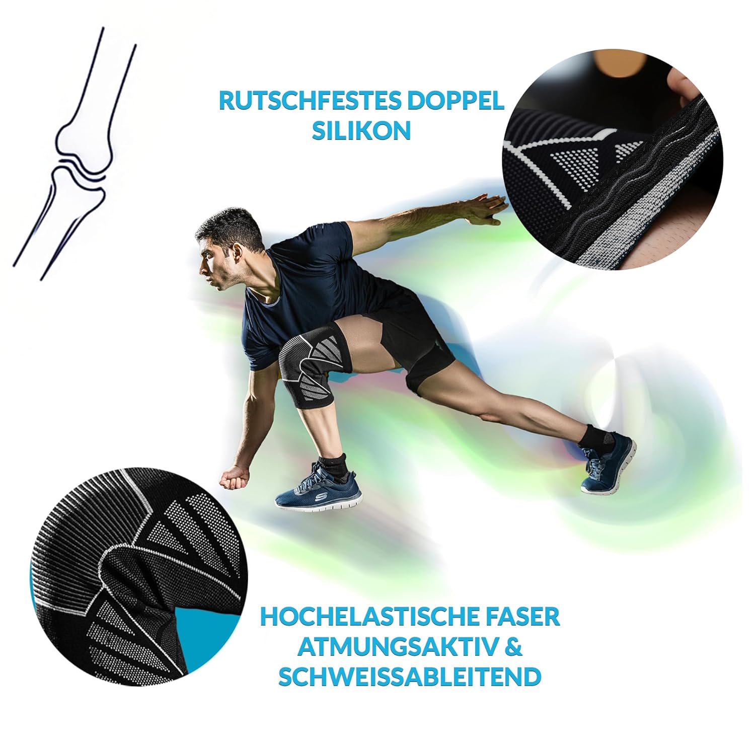 Thumbnail 5 de 360 RELIEF Kniebandage – 2 Stück, Kniestütze für Sport, Gym, Joggen, Kraftsport – Unisex Schwarz/Weiß