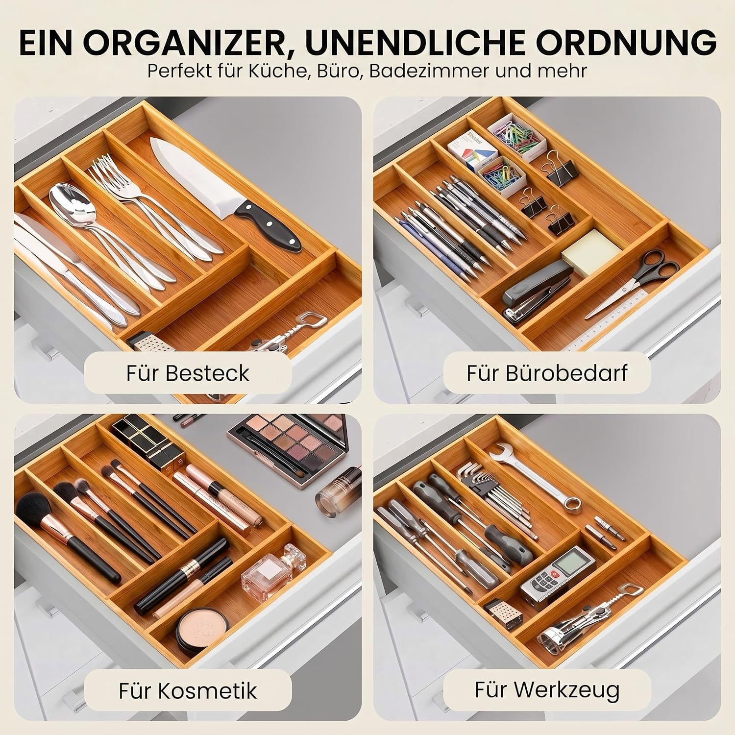 Detalle 1 de Dimono Bamboo Cutlery Tray, 7 Compartments, Adjustable 29 x 45 cm