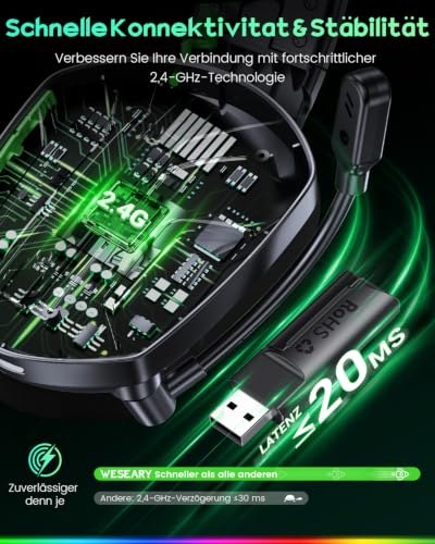 Detalle de WESEARY WG1 Gaming-Headset kabellos mit 50-mm-Treibern, ENC-Mikrofon und 60 Stunden Akku