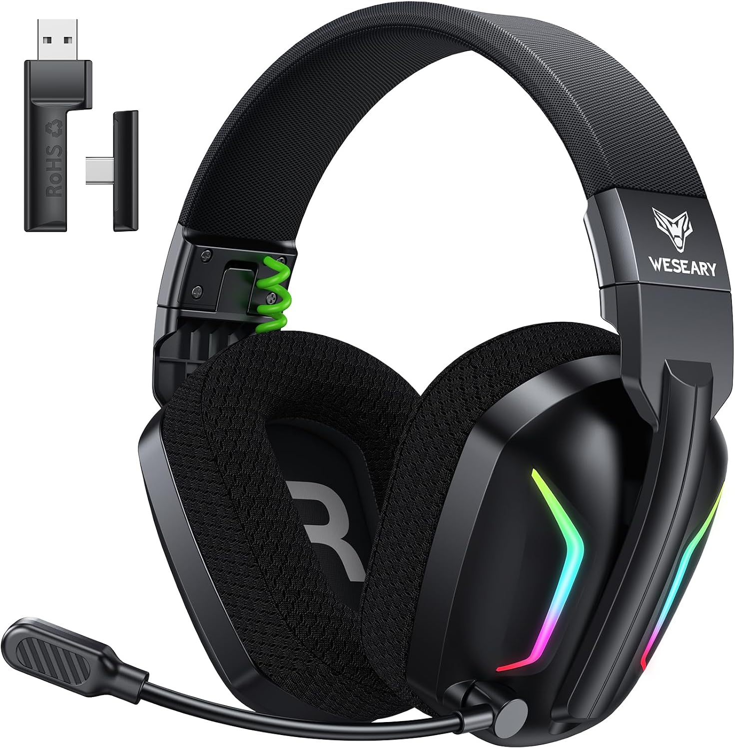 Detalle de WESEARY Wireless Gaming Headset mit Mikrofon – 2,4 GHz & Bluetooth, 60 h Akku, Surround Sound, USB-Dongle für PS5/PS4/PC/Switch
