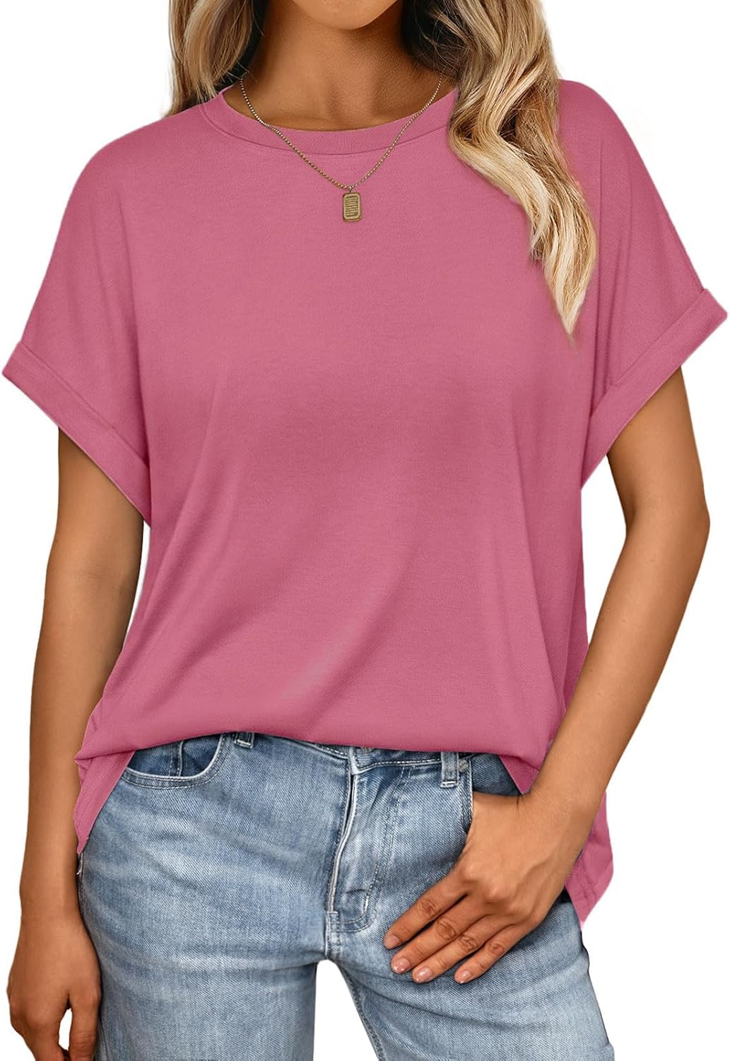 Detalle de Cuptacc Damen Oversize T-Shirt mit Rundhalsausschnitt und Flügelärmel – Kurzarm Sommer Casual