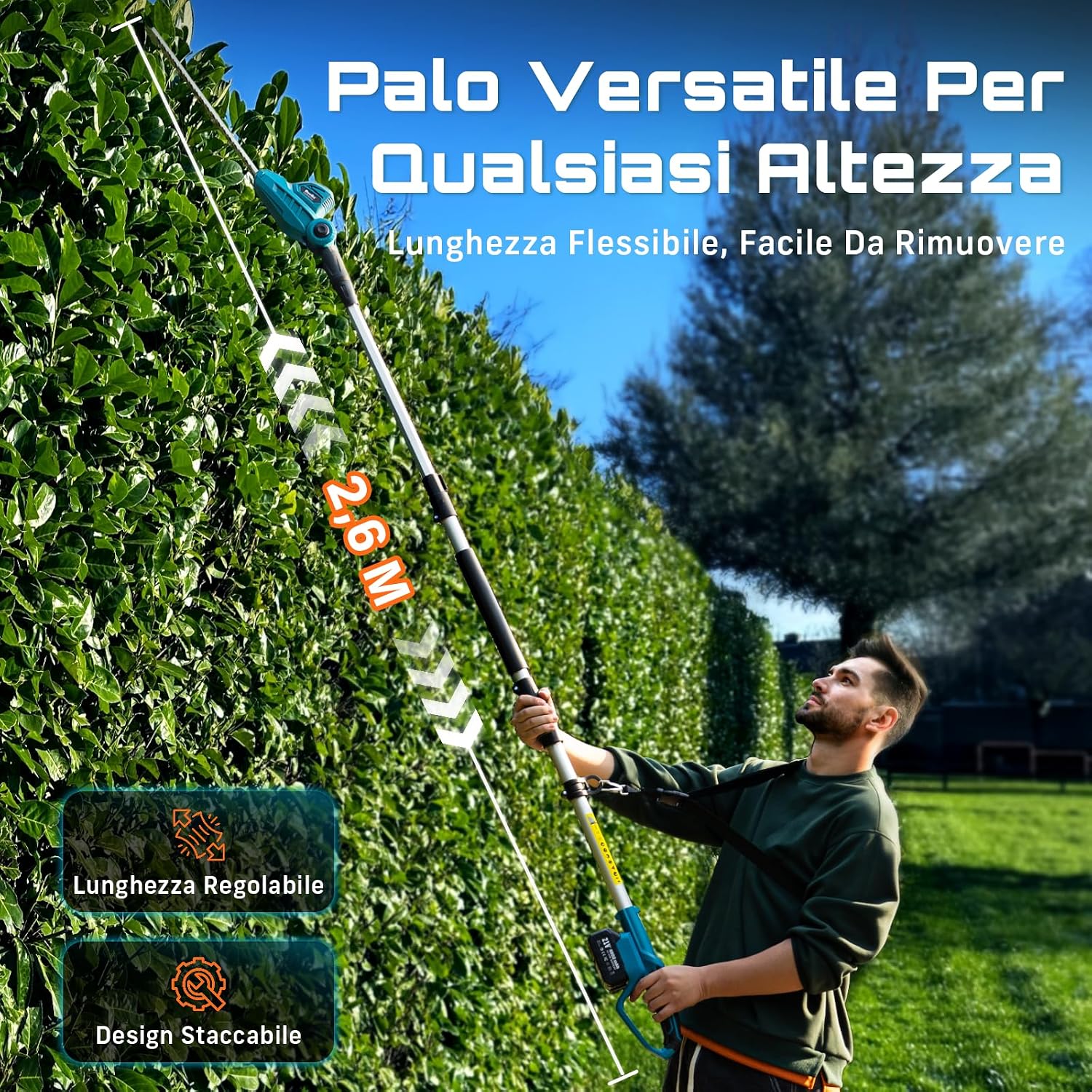 Detalle de SEESII Tagliasiepi Telescopico a Batteria 2,6 m – Lama Doppia 40 cm, 2×4,0Ah, Testa 135°