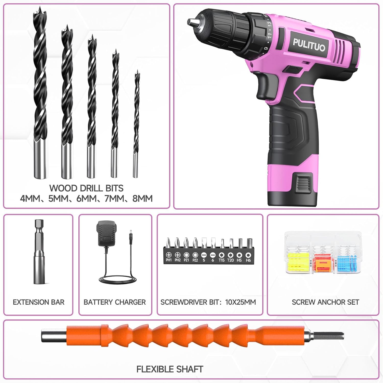 Thumbnail 1 de PULITUO 12V Cordless Drill (Li-Ion) with 21+1 Torque Settings and LED Light