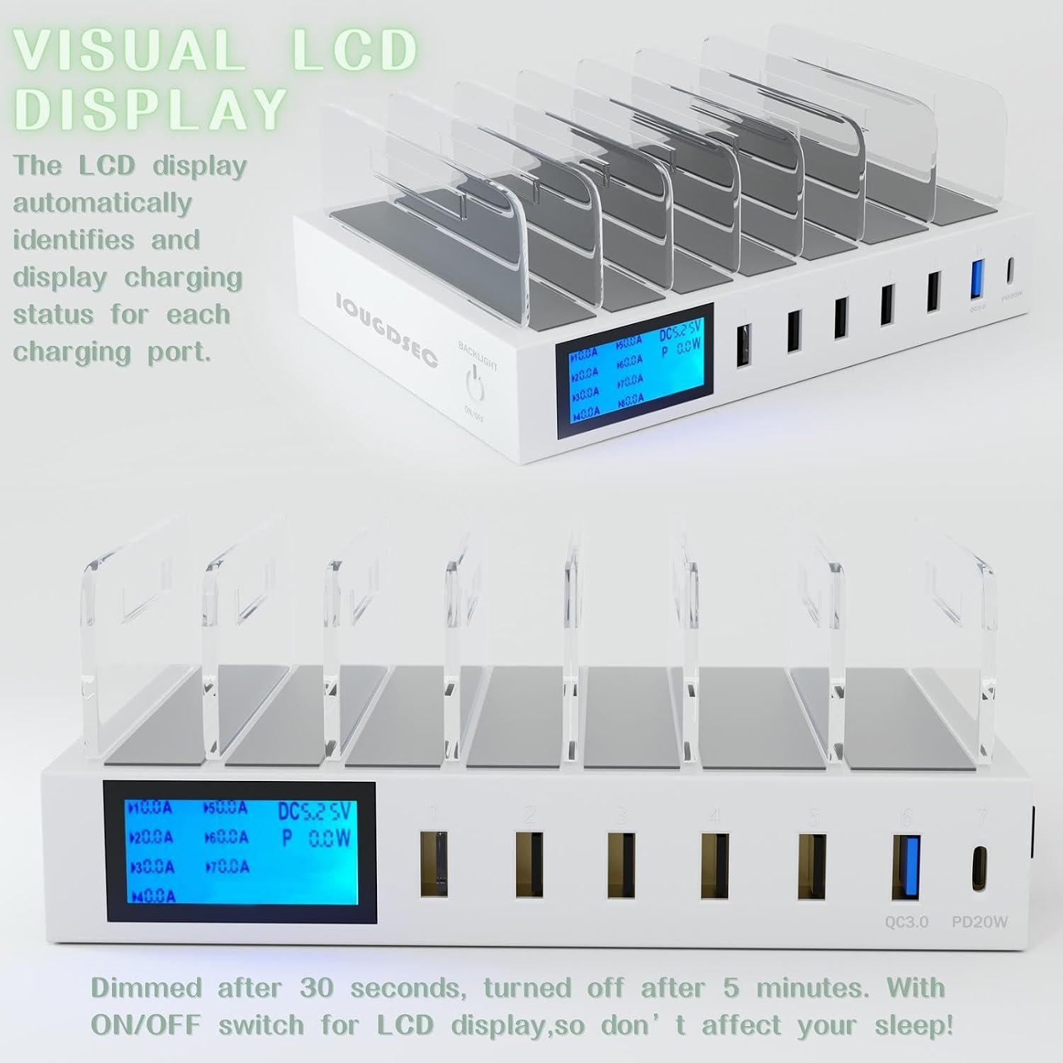 Detalle 1 de IOUGDSEC PD20W QC3.0 USB-laddningsstation med 7 portar och LCD-skärm