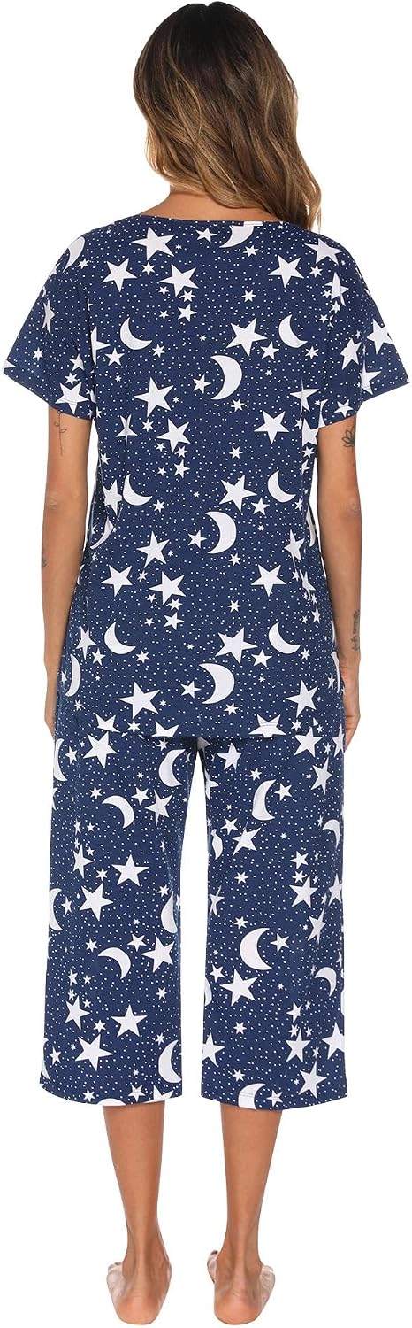 Detalle 2 de ENJOYNIGHT Women’s Cotton Pajama Set (Short-Sleeve V-Neck Top + Capri Pants)