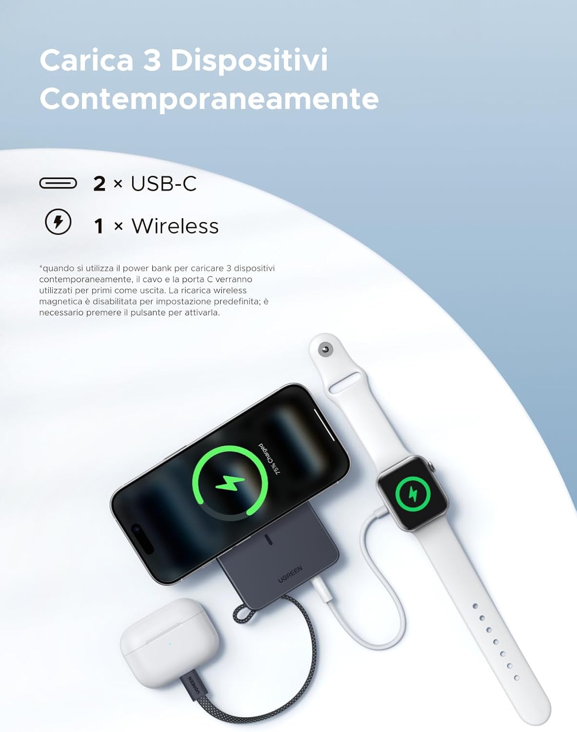 Detalle de UGREEN Magflow Qi2 25W Power Bank 10000mAh – ricarica wireless magnetica con cavo USB-C integrato