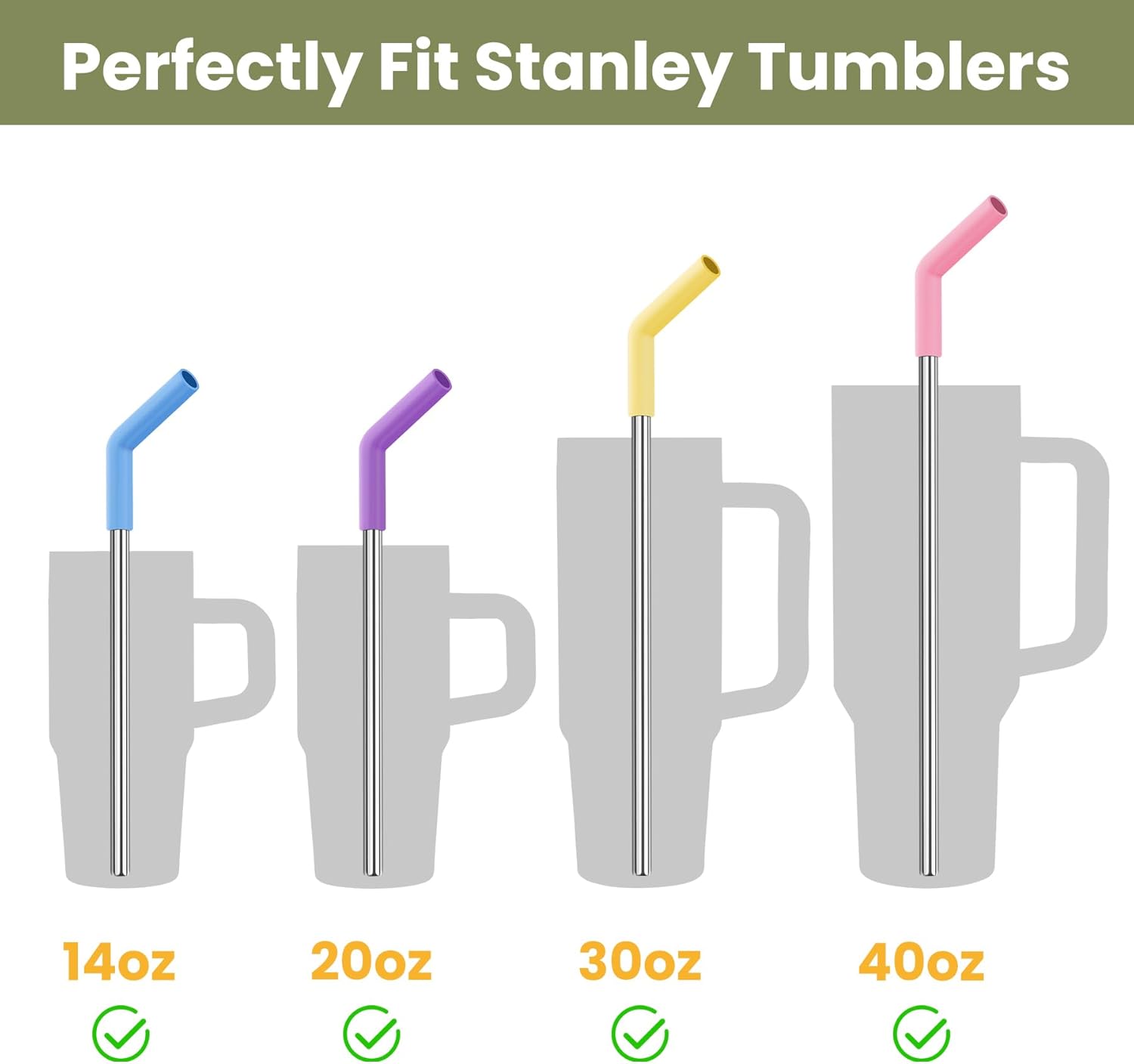 Detalle de Tomorotec 6er-Set Edelstahl Strohhalme für Stanley Quencher Tumbler – 3 Längen, Silikonspitzen & Reinigungsbürsten (Regenbogen)