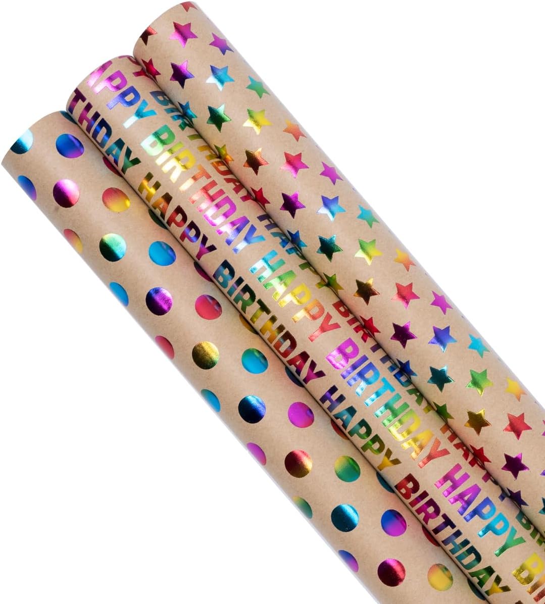 3 Rolls Birthday Gift Wrapping Paper | Kraft, 43cm x 3m each, 3 designs (Dots, Star, HAPPY BIRTHDAY)