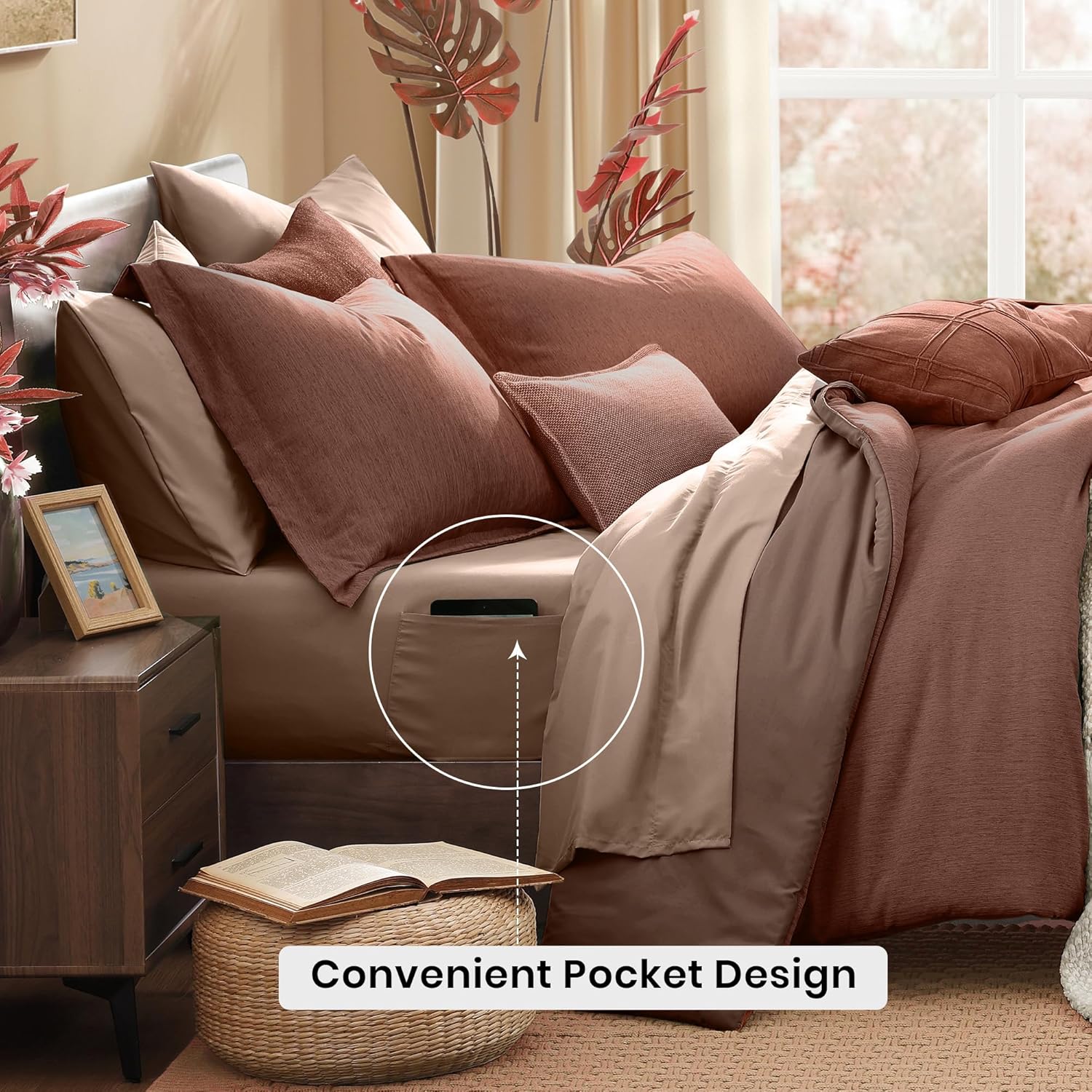 Detalle 2 de Monbix Full Comforter Set, 7 Pieces, Terracotta, Reversible All-Season Bedding