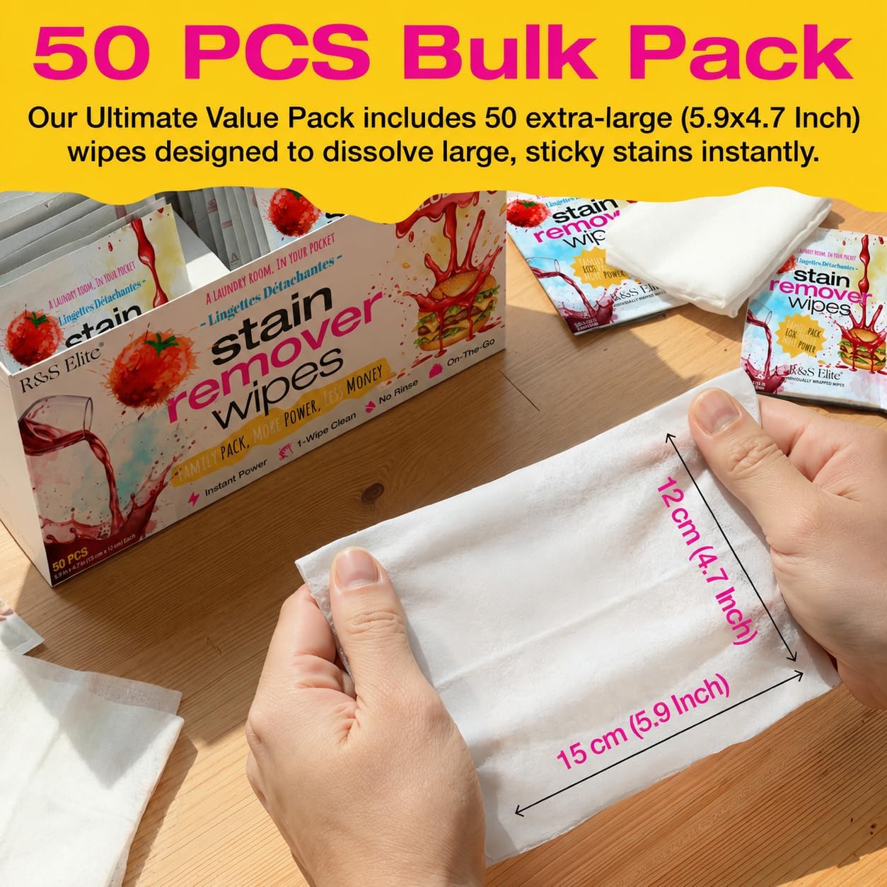 Detalle 1 de R&S ELITE Stain Remover Wipes, 50 Individually Wrapped, Bleach-Free Sheets