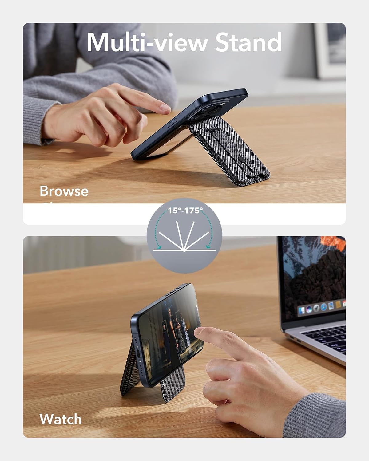 Detalle 2 de ESR for MagSafe Wallet: 5 Card Holder with Adjustable Stand and RFID Blocking (Carbon Fibre, Black)