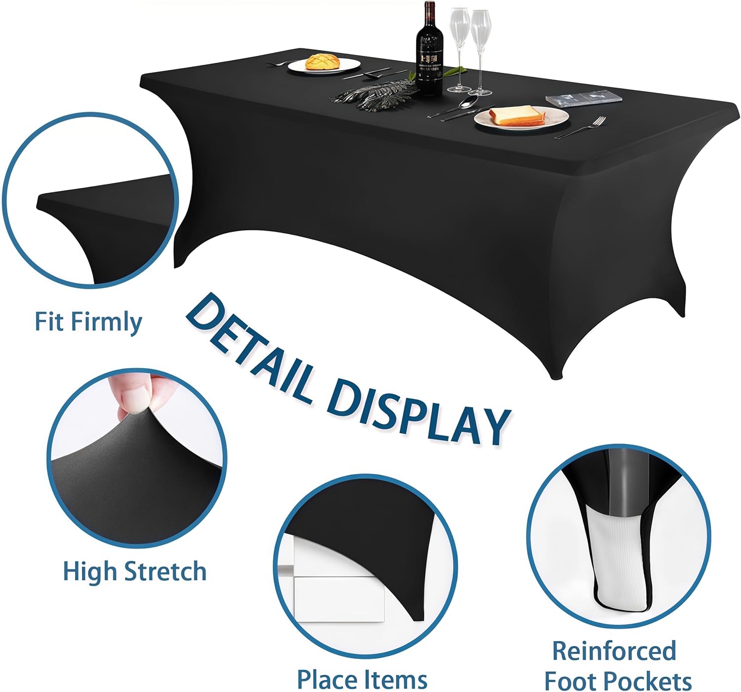 Detalle de Lemict 6FT Black Fitted Stretch Tablecloth (6 Pack) for Rectangular Tables