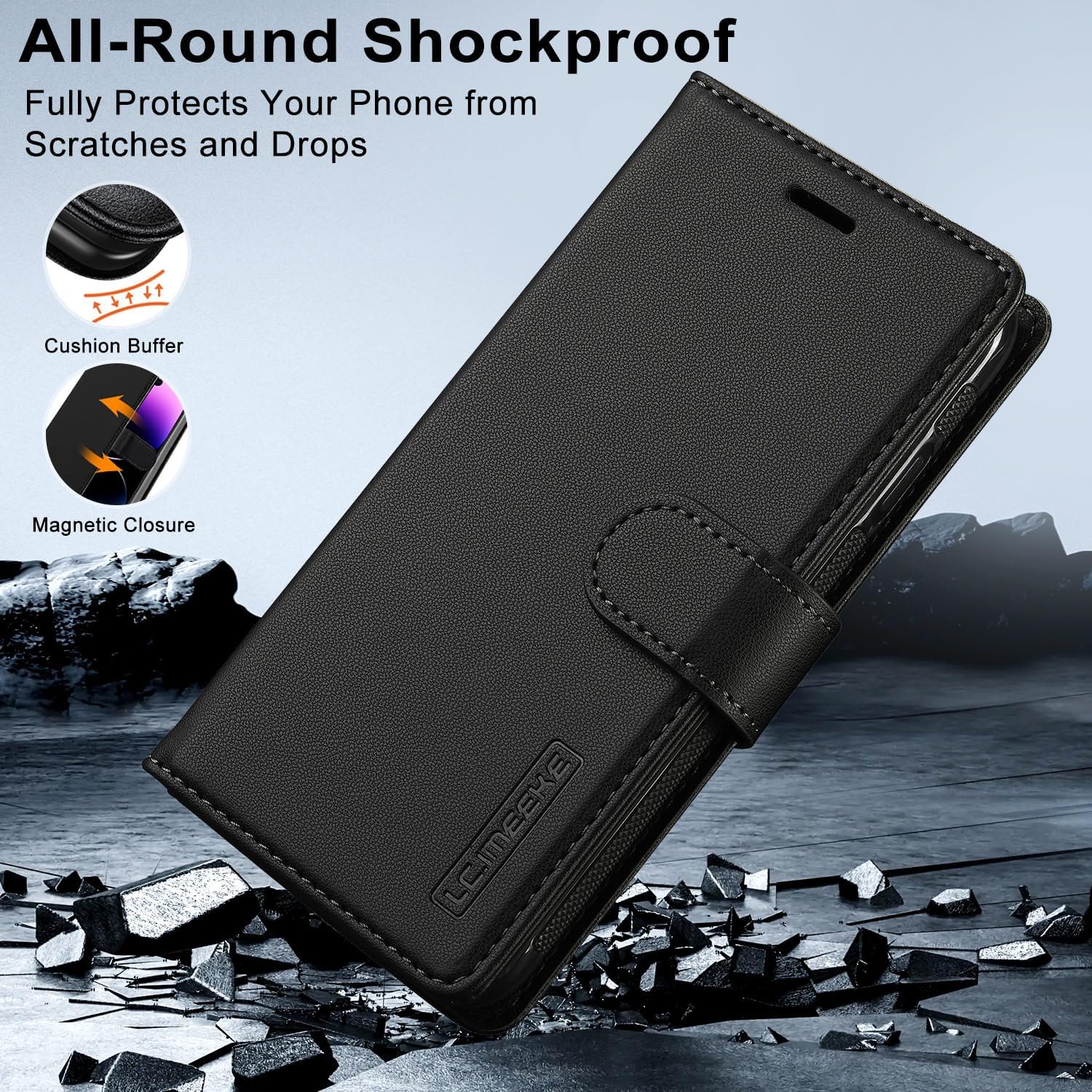 Detalle de XTCASE Magnétique Coque 2 en 1 pour iPhone 16 – Porte-feuille PU Noir avec MagSafe