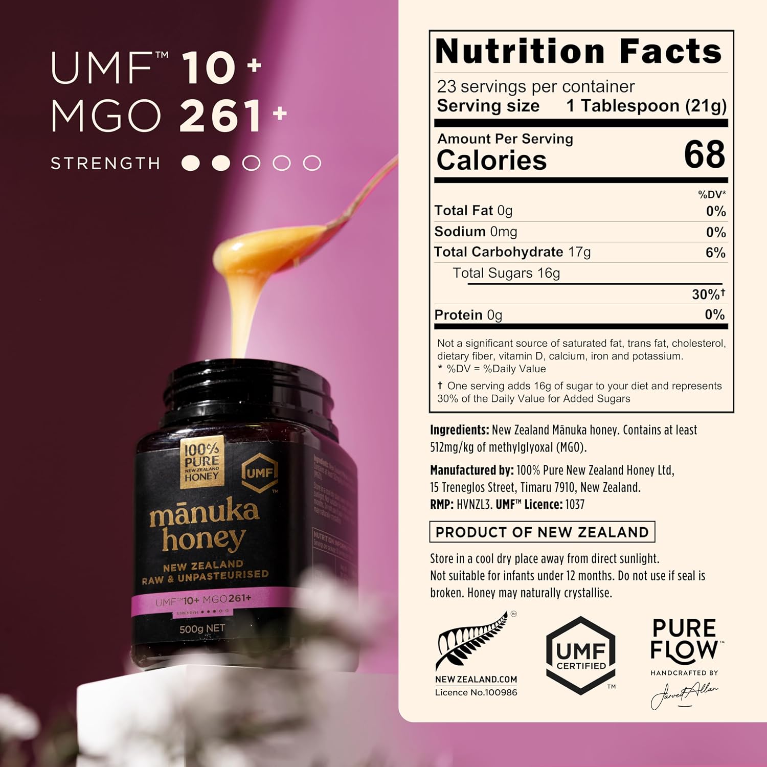 Detalle 2 de 100% Pure New Zealand Honey Manuka Honey UMF 10+, MGO 261+, 17.6 oz