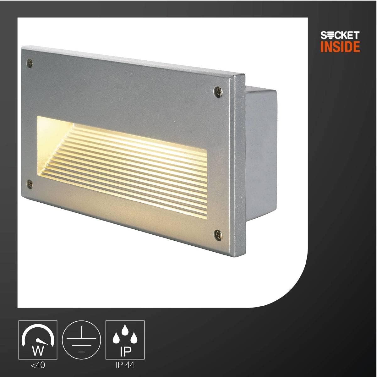 Detalle de SLV 229062 Brique Downunder E14, Silvergrey – applique encastrée en aluminium, IP44, 24 x 9 cm