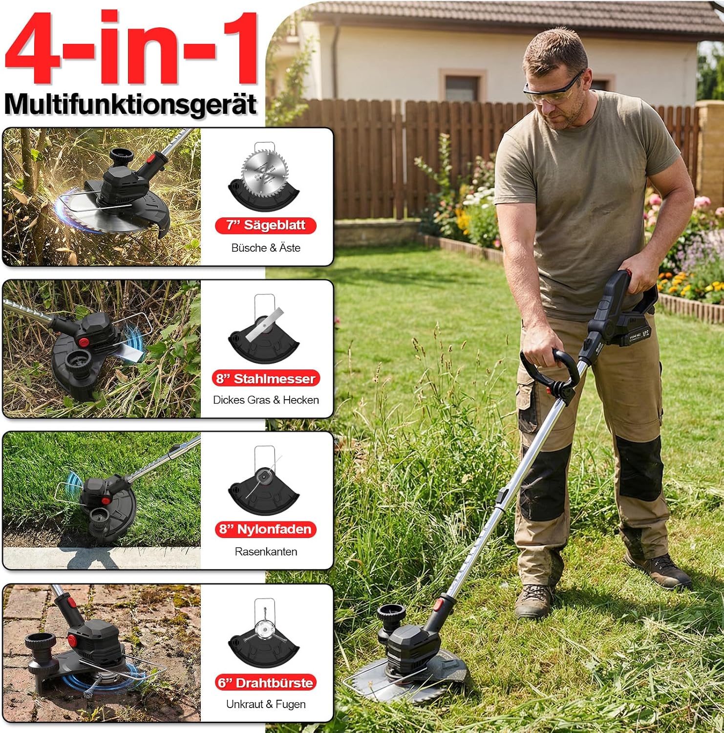 Detalle de SMILOVII Akku-Rasentrimmer 21V 4‑in‑1 (bis 24.000 RPM) mit 2× 2,0Ah, 90° drehbarem Kopf & LCD