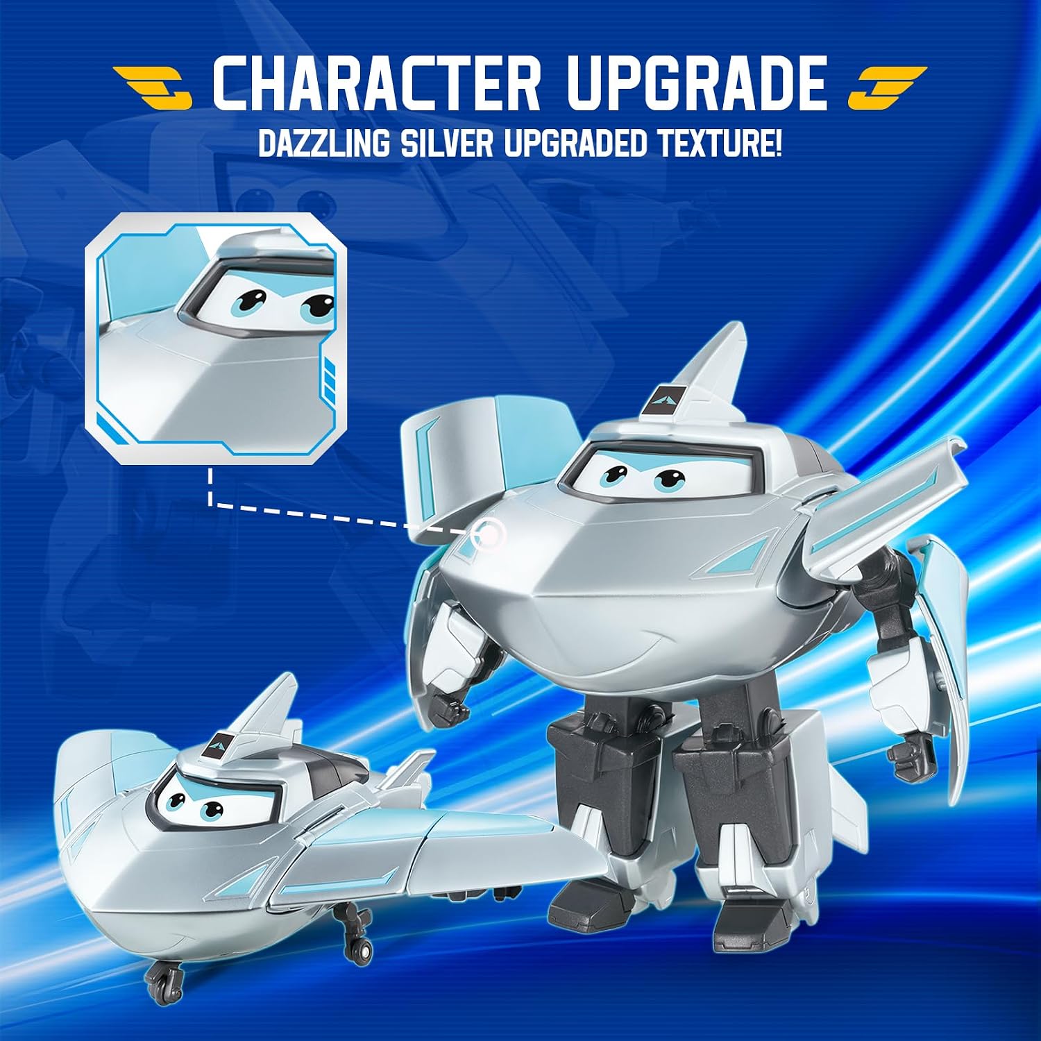 Detalle de Super Wings Transformations-Flugzeug „Traver“ (ca. 12,7 cm) – 2-in-1 Spielzeug-Flugzeug & Roboterfigur für Kinder ab 3 Jahren, Silver