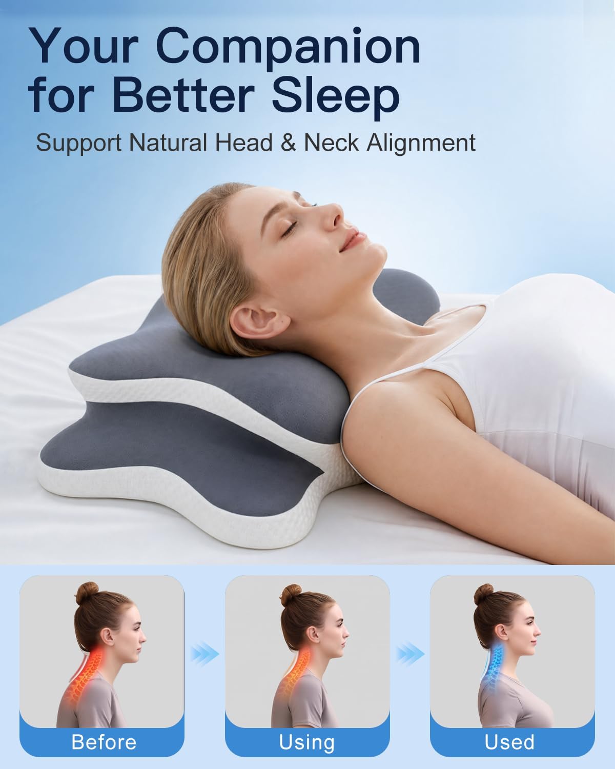 Detalle 2 de CloudNook Ergonomic Cervical Pillow, Gray, Dual-Height Memory Foam, 60 × 35 × 14 cm