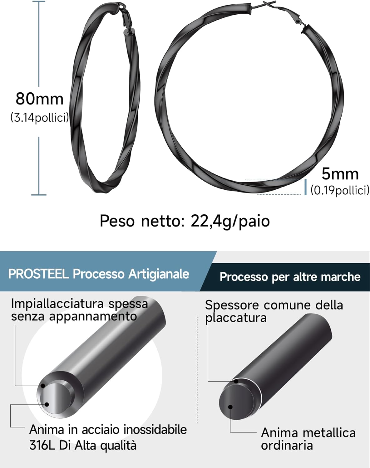 Thumbnail 4 de PROSTEEL Orecchini a Cerchio Vuoto 30/40/60/80 mm – Oversize Y2K in acciaio 316L
