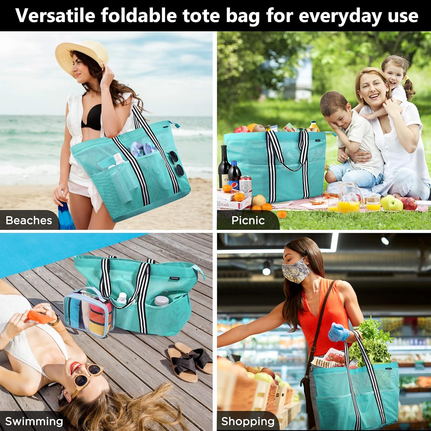 Detalle 2 de GAGAKU Sac de voyage extra large - Sac à main pliable en filet pour plage et shopping