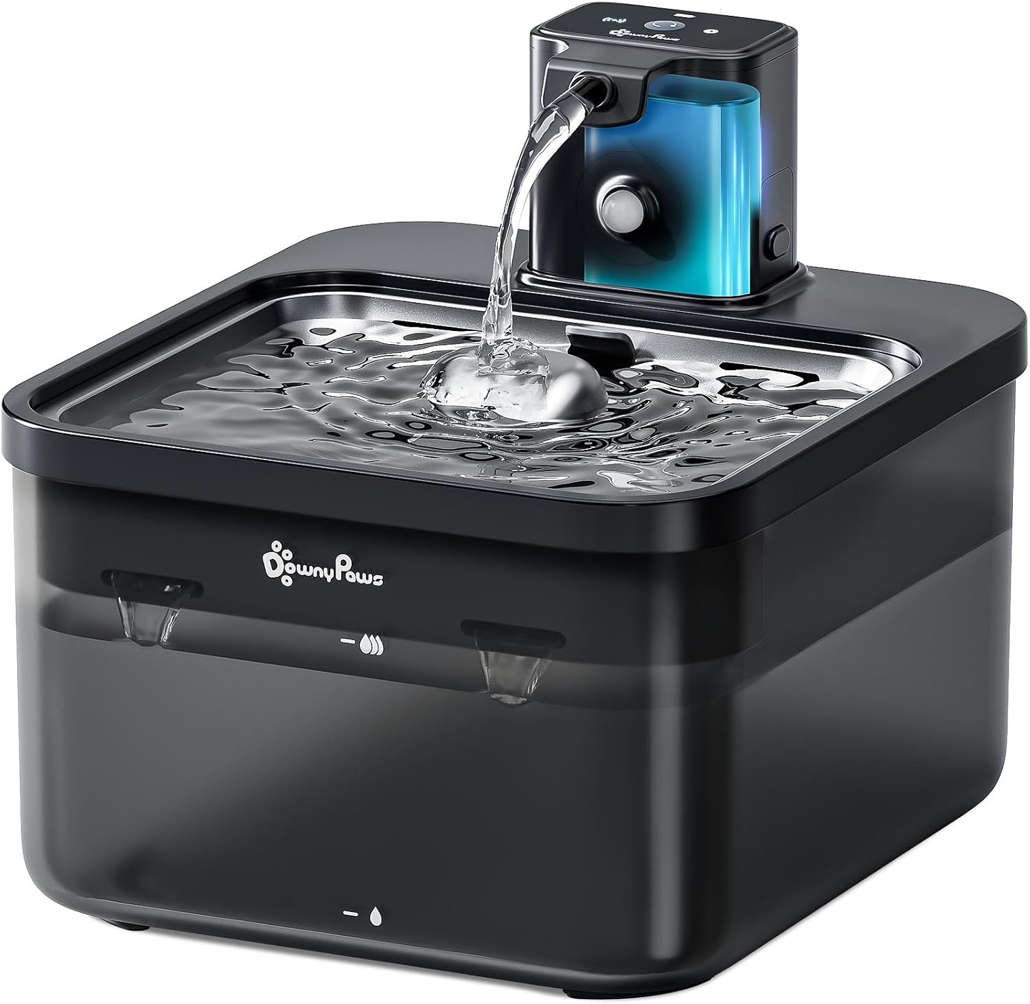 Detalle de DownyPaws Wireless Cat Water Fountain – 2.5L, Battery-Operated, Motion Sensor & Stainless Steel Tray