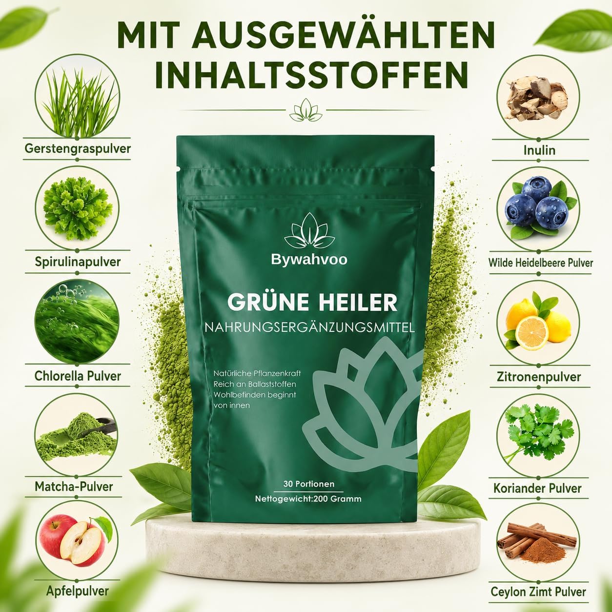 Detalle de Grüne Entgiftungspulver 200g – Superfood Pulver mit Gerstengras, Spirulina & Heidelbeeren