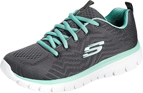 Detalle de Skechers Damen Graceful Get Connected Sneakers – Charcoal Mesh, Grün akzentuierend, Größe 38.5 EU