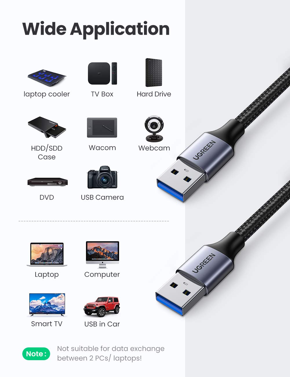 Thumbnail 1 de UGREEN 80789 USB 3.0 A-to-A Cable, 0.5 m Braided, 5Gbps