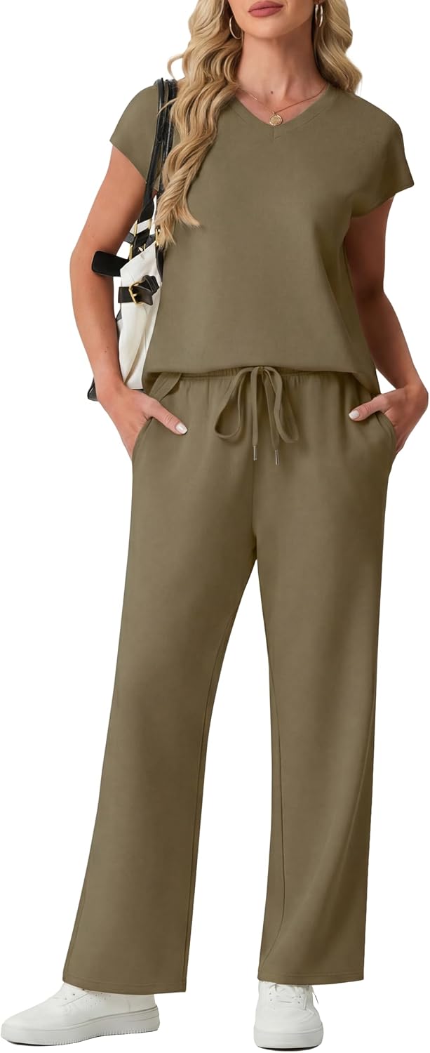 Detalle de GRECERELLE Women's Tracksuit Full Set: Summer Short Sleeve Lounge Wear Two-Piece