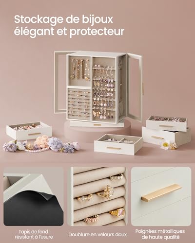 Detalle de SONGMICS Collection GISELLA – Boîte à Bijoux Rotative 360°, 7 tiroirs, fenêtres en verre, blanc nuage (JBC201W01)