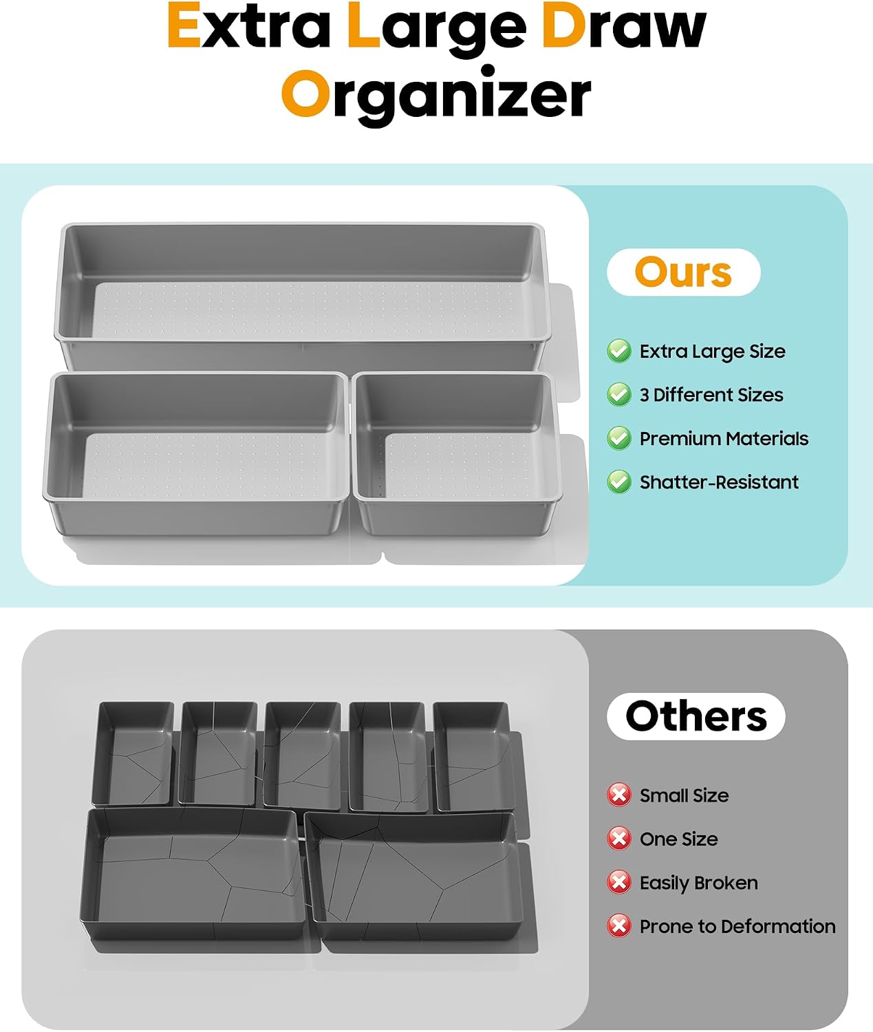 Detalle de MLIKLU 10-Pack Plastic Drawer Organizer Trays, 3 Sizes, Stackable, Gray