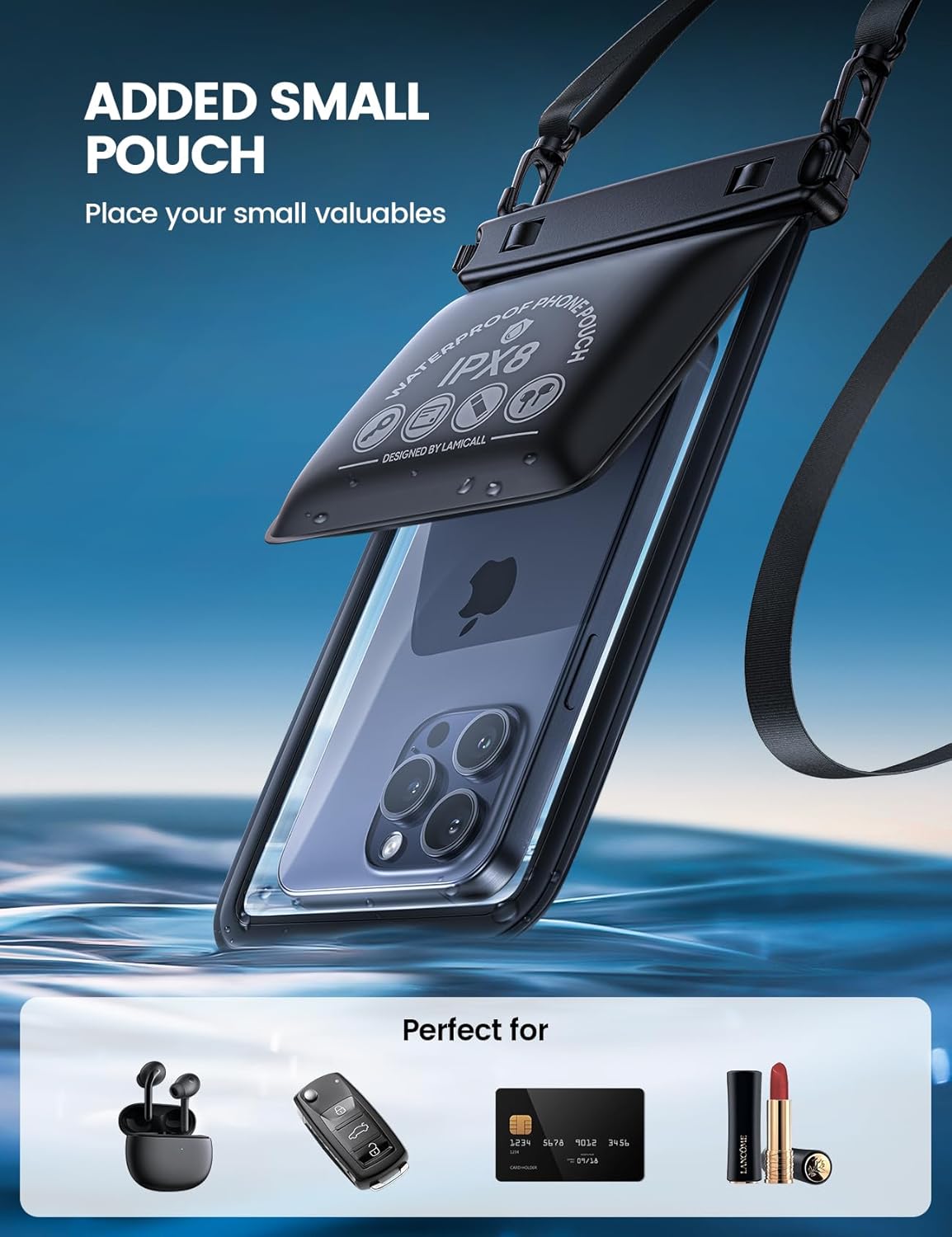 Thumbnail 1 de Lamicall Custodia impermeabile Smartphone con Design a Doppia Borsa per iPhone fino a 7,5 pollici