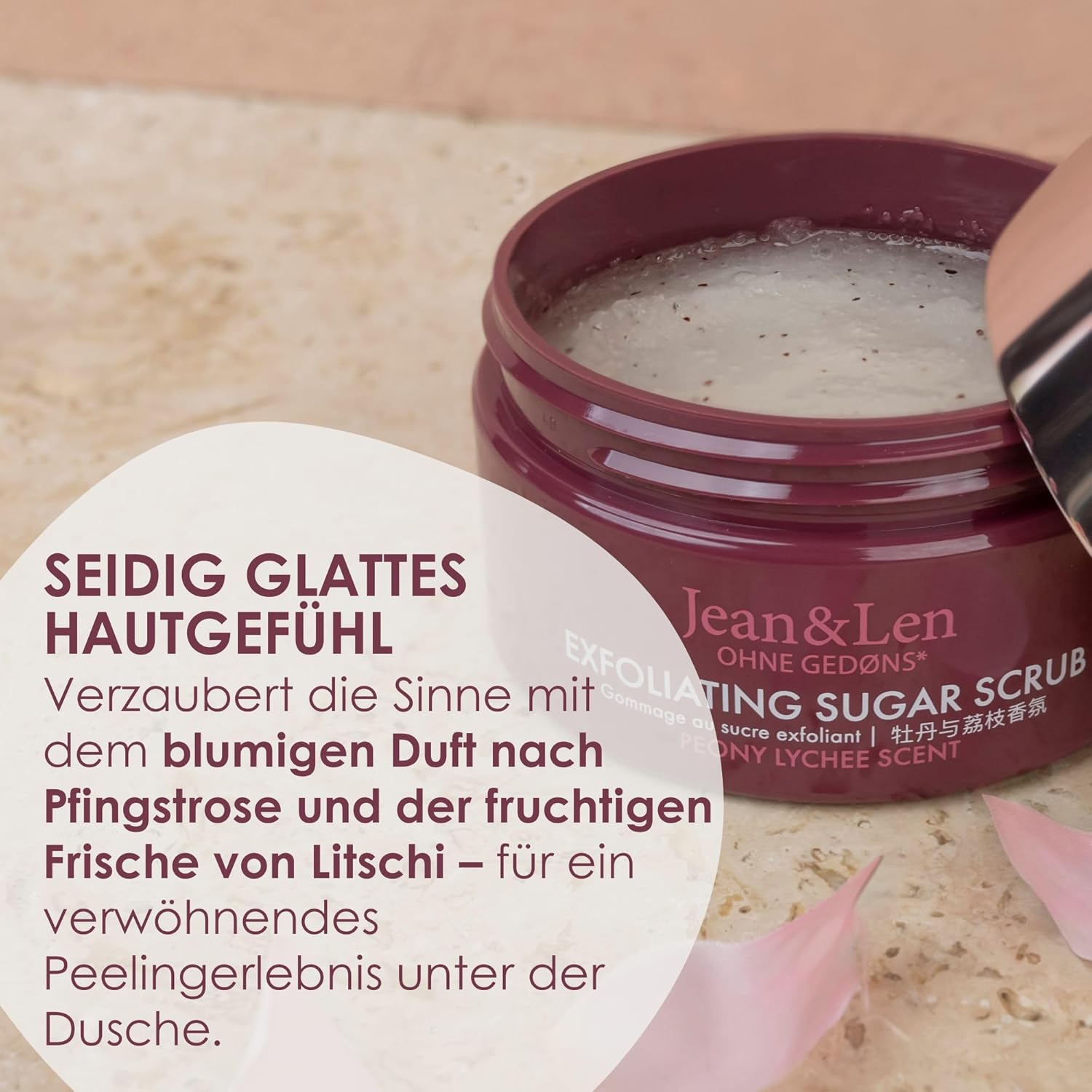 Thumbnail 3 de Jean & Len Exfoliating Sugar Scrub Peony & Lychee – Zucker-Öl-Peeling, 200 ml