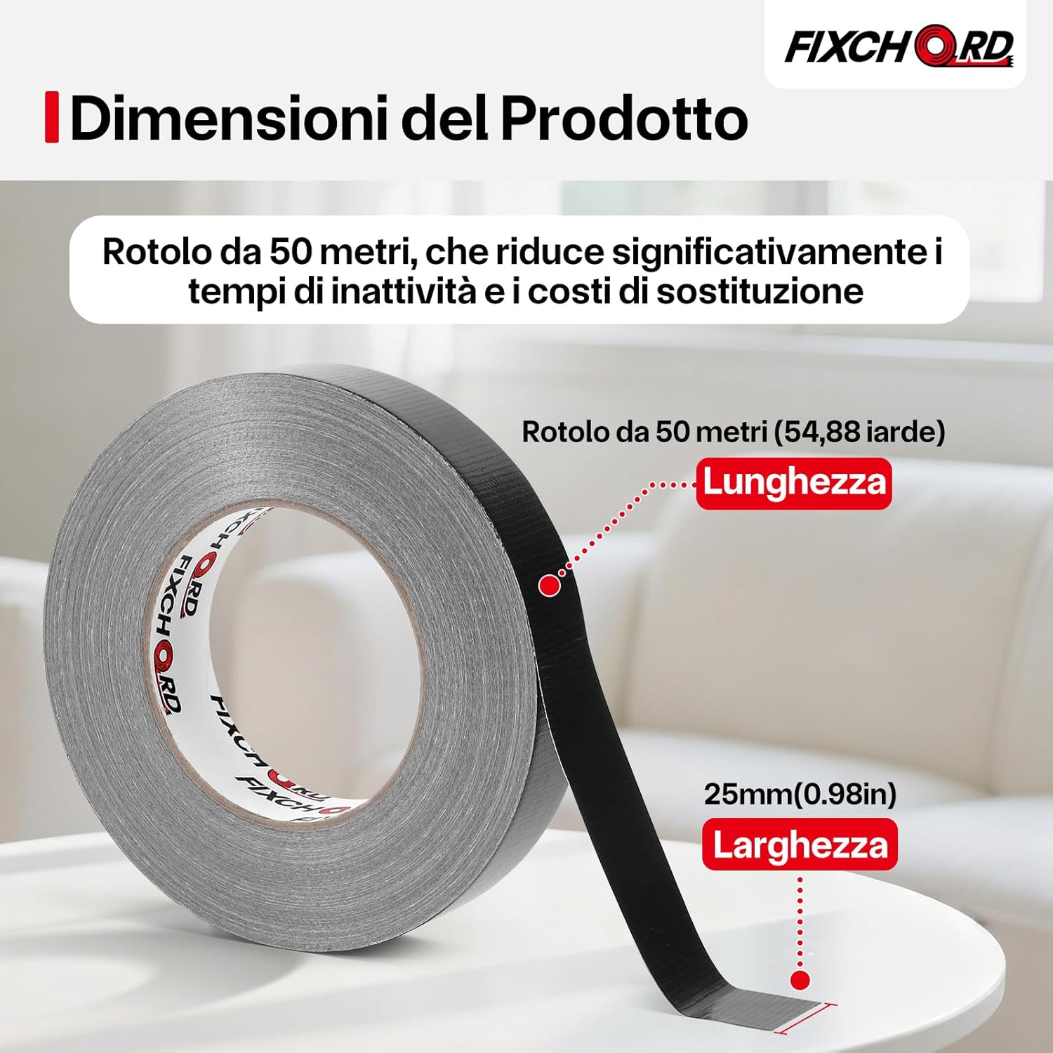 Detalle 2 de FIXCHORD nastro adesivo in tessuto 25 mm × 50 m impermeabile nero