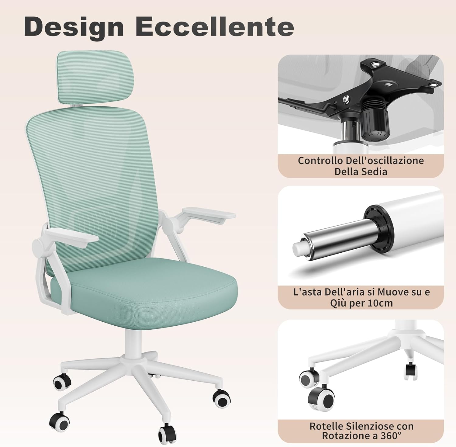 Thumbnail 6 de Naspaluro Sedia da Ufficio con Braccioli Ribaltabili a 90° – Ergonomica, Sedie Scrivania a 360°