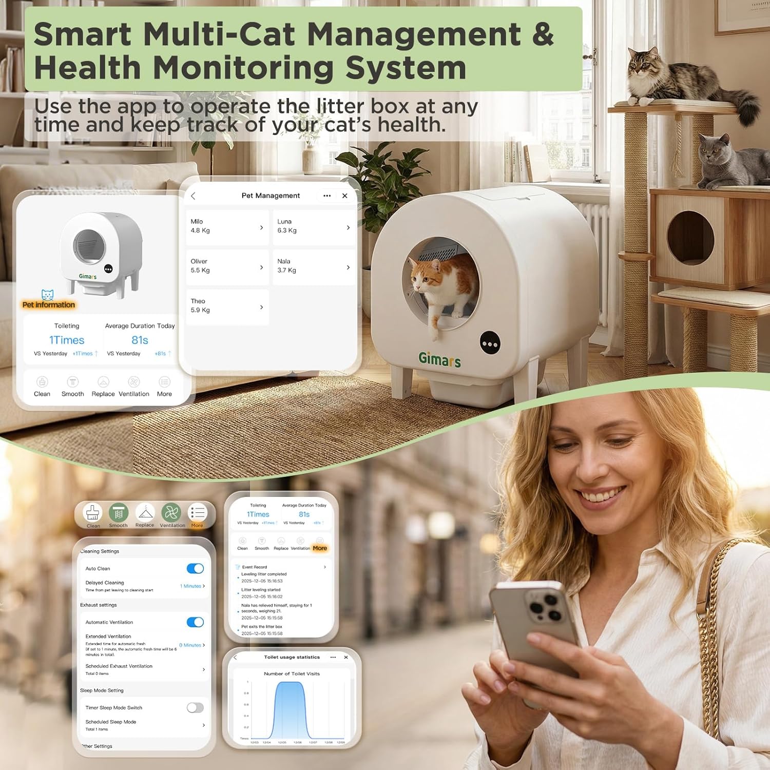 Detalle de Gimars XXL 90L Anti-Pinch Self-Cleaning Cat Litter Box with App Control