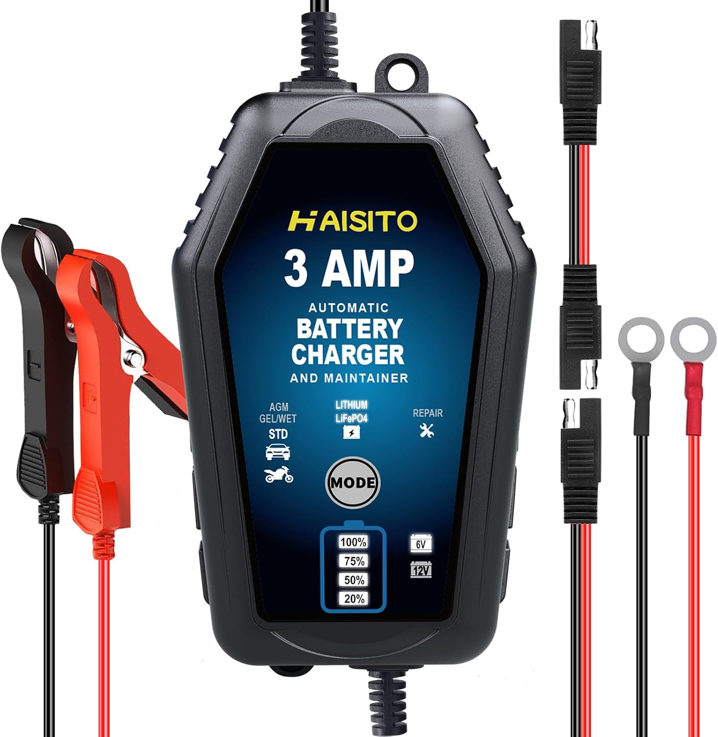 Haisito 3 AMP 6V/12V Smart Battery Charger with Automatic Maintainer